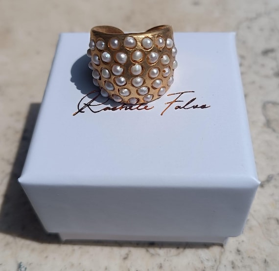 Adjustable Etruscan Gold Rings with White Pearls, Natural Turquoise, Green Jade - Ancient Inspired Artisan Jewelry