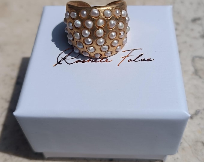 Adjustable Etruscan Gold Rings with White Pearls, Natural Turquoise, Green Jade - Ancient Inspired Artisan Jewelry