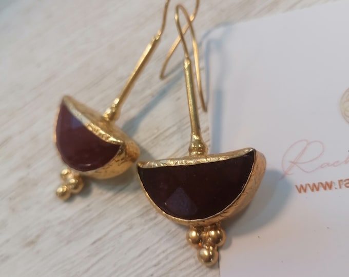 Gold earrings, faceted red jasper stones