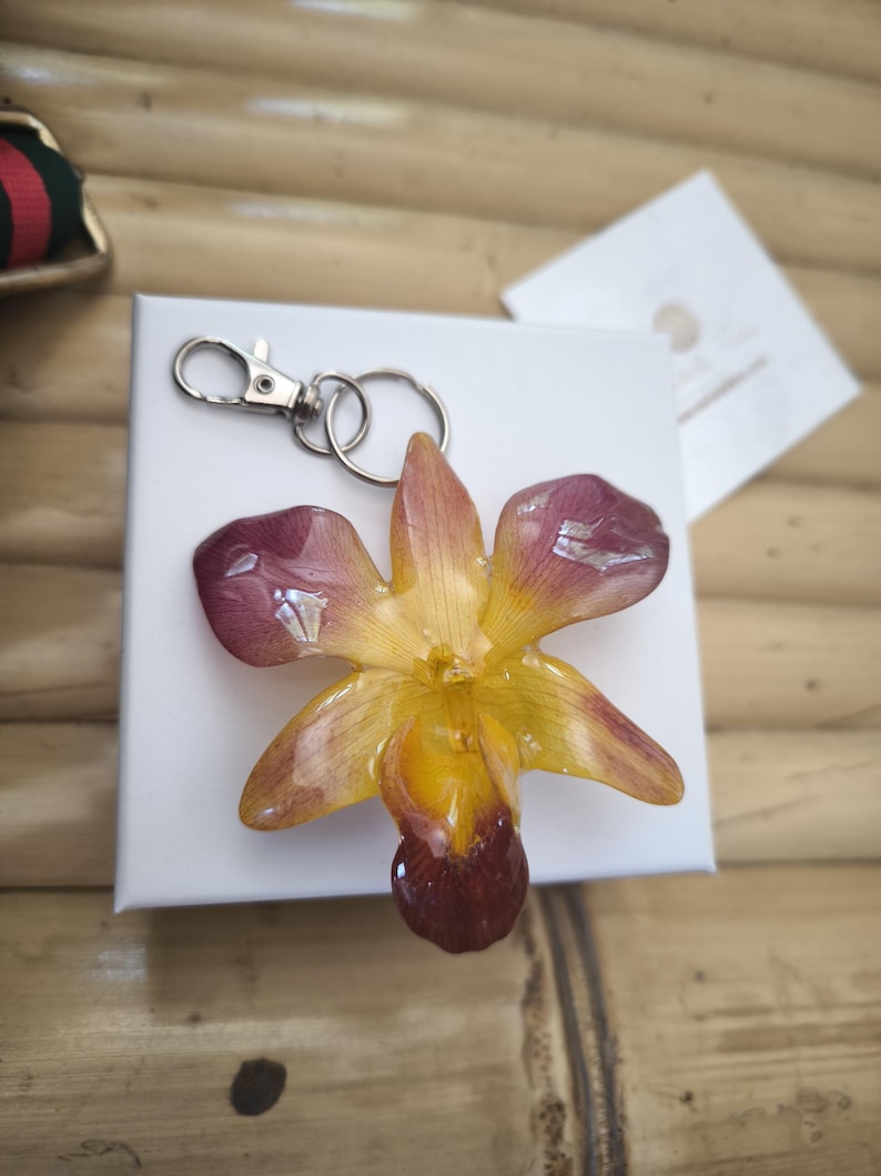 May include: A handcrafted resin keychain with a preserved orchid. The flower has yellow and burgundy petals, and is attached to a silver-coloured clasp and key rings. The keychain is presented on a white box.
