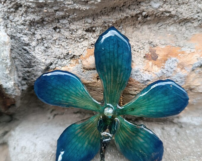 Collana Orchidea Mokara Azzurra Vera, Pendente in Resina, Catenina  Oro su Bronzo, Gioiello Botanico Artigianale Italiano