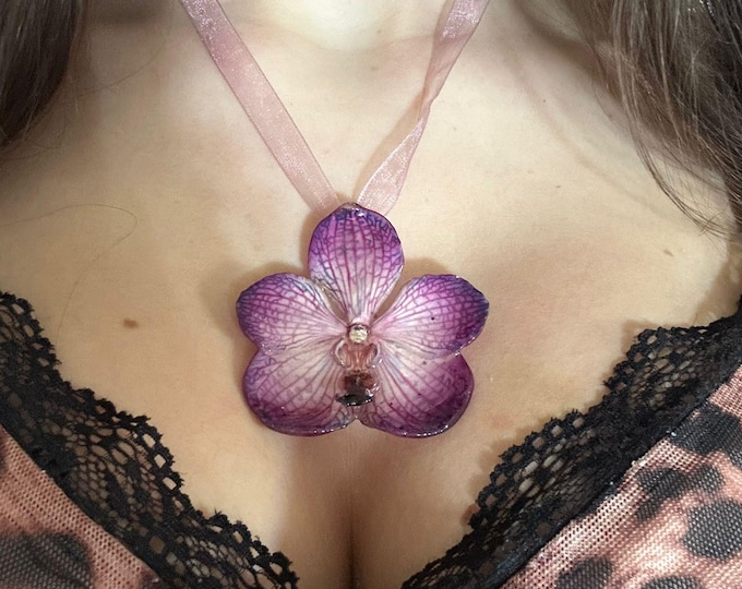 Vanda orchid necklace with organza drop - botanical gift - spring jewel