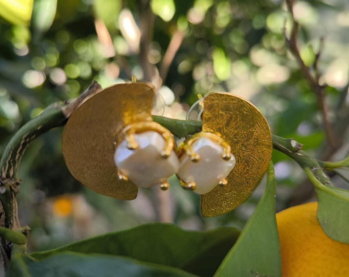 Etruscan-style gold-bronze stud earrings with silver and natural mother-of-pearl clasp