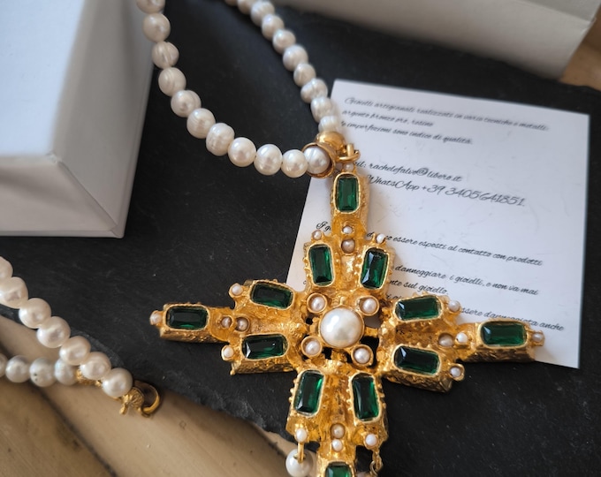 Byzantine-style gold cross with green spinels, pearls, and ruby roots - Unique jewelry