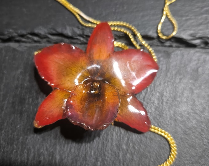 orchidea arancio/rossa inglobata in resina e rifinita con saliscendi oro regolabile