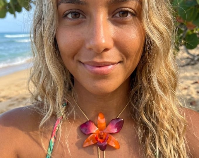 Natural orange purple orchid slider necklace embedded in resin and adjustable gold slider