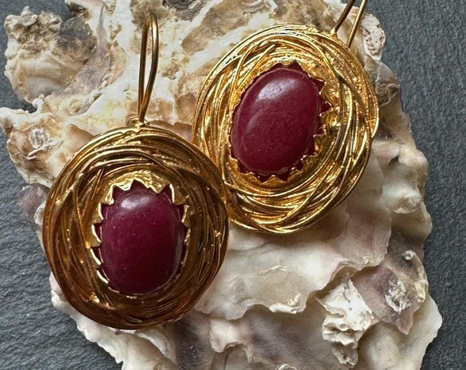 Gold earrings, natural red jasper cabochon-cut stones, ancient art