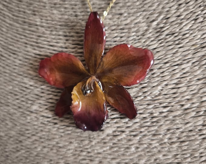 Cattleya resin orchid necklace in brown/orange resin and gold-plated silver chain.