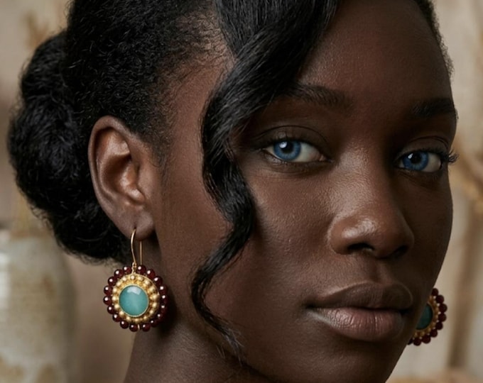 Antique-style gold earrings with a mix of natural stones