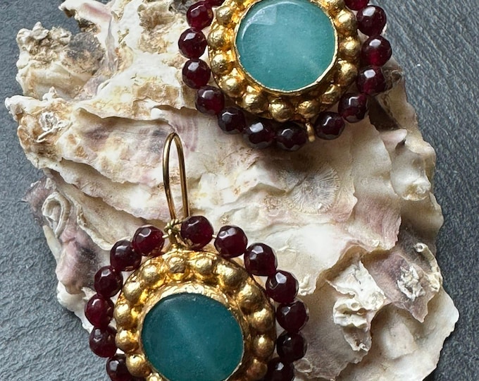 Antique-style gold earrings with a mix of natural stones