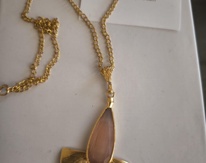 Pendant complete with long chain in ancient Etruscan style worked in gold on bronze and defined with dove-grey cat's eye quartzite.