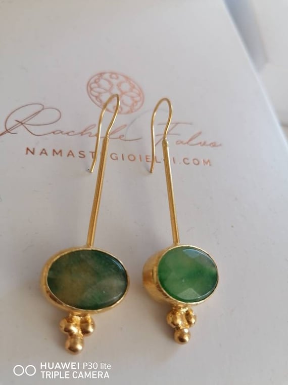Matte gold earrings on bronze and natural faceted jades