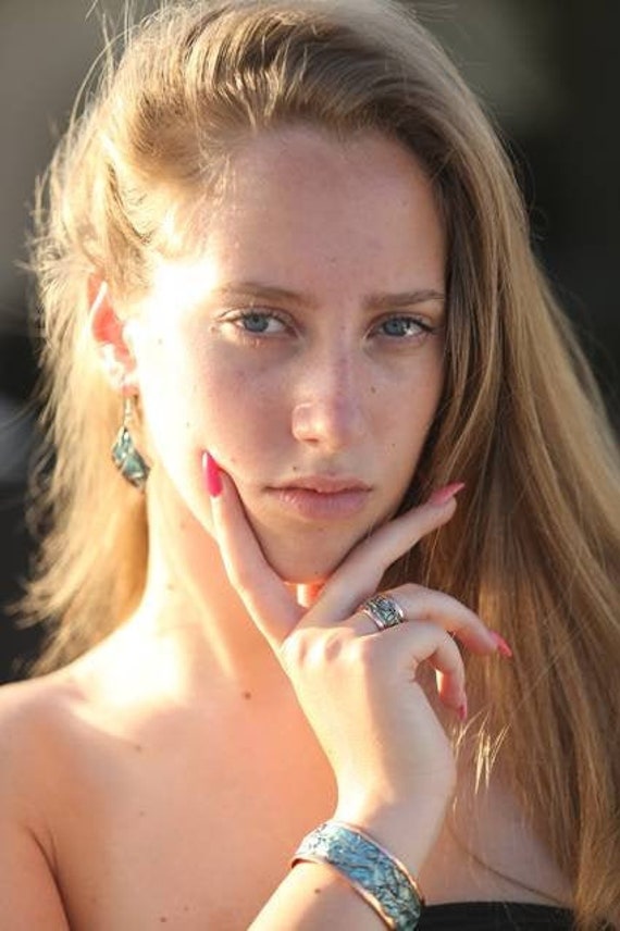 Complete ring, earrings and adjustable bracelet in copper and pearly turquoise goldsmith's enamel.