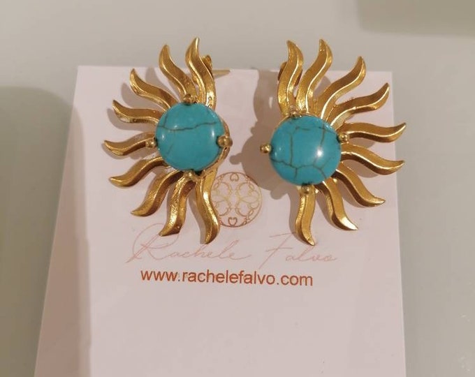 Small earrings in matte gold on Etruscan sun bronze finished with natural turquoises