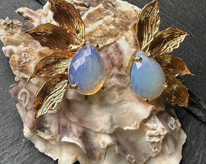 Gold leaf earrings on bronze and natural faceted opals