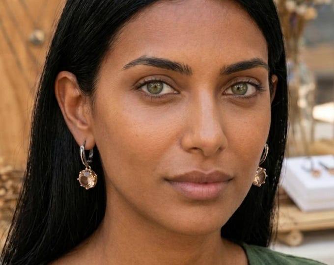 Zultanite Round Stone Drop Earrings in Silver with Gold Embroidery - Handmade Gift - Color Changing Stone -