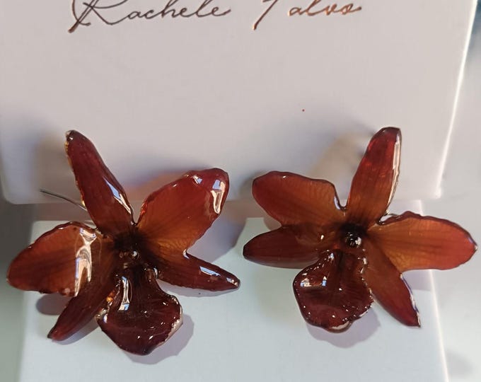 Orecchini Orchidea Vera Resina Arancio Ruggine, Gioielli Fiori Veri Pendenti Monachella Argento, Orecchini 3D Marrone Regalo Donna Unici