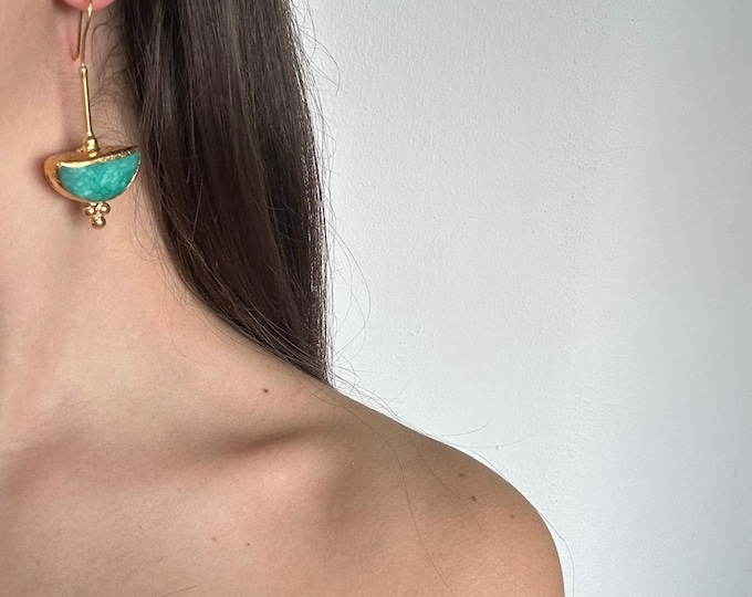 Long Etruscan Byzantine style earrings in galvanized gold with natural faceted Tiffany-colored topazes - handmade gift -