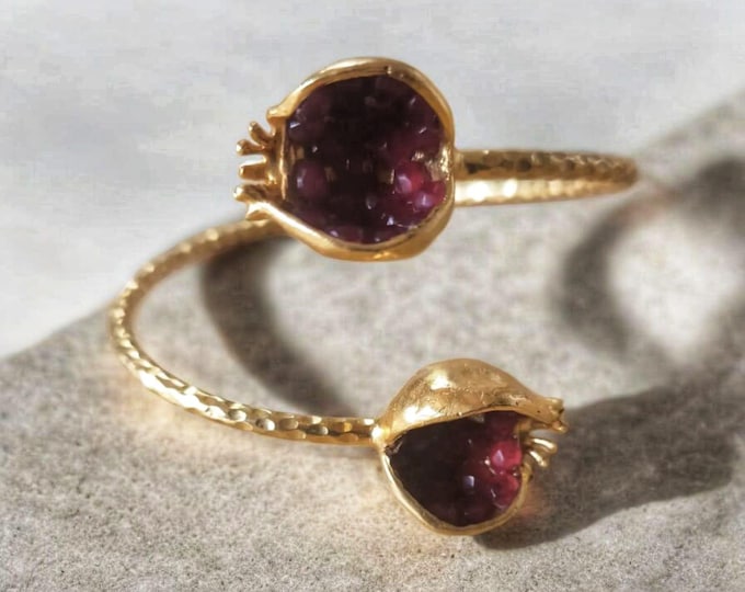 Adjustable gold-on-bronze pomegranate bracelet with red pomegranates