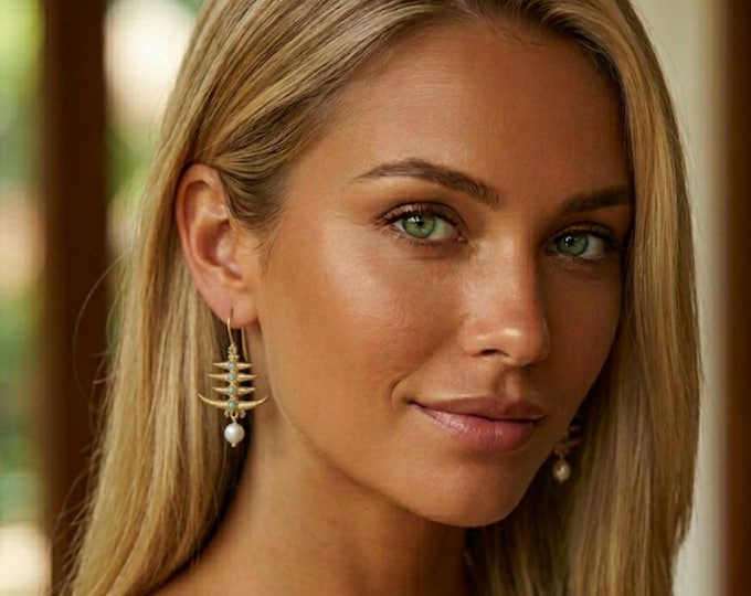 Gold-plated fishbone drop earrings with natural pearls and turquoises - gift for her - handmade -