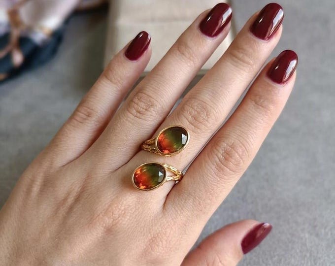 Anello Regolabile Bronzo Oro, Due Ametrine Naturali Bicolore Verde Rosa, Anello Contrarié Artigianale, Regalo Lusso Rachele Falvo d'Arte