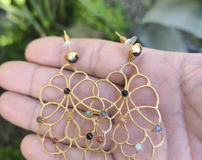 Gold Plated Bronze Earrings with Multicolored Natural Jade, Etruscan Inspired Handcrafted Jewelry