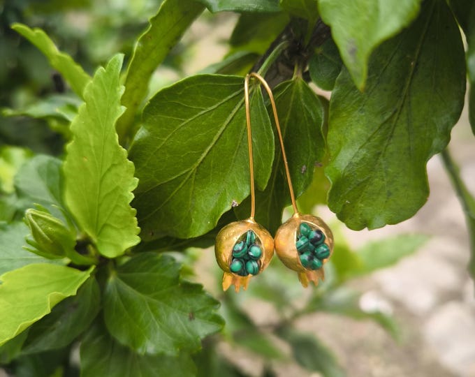 small pomegranate and green malachite pendant earrings