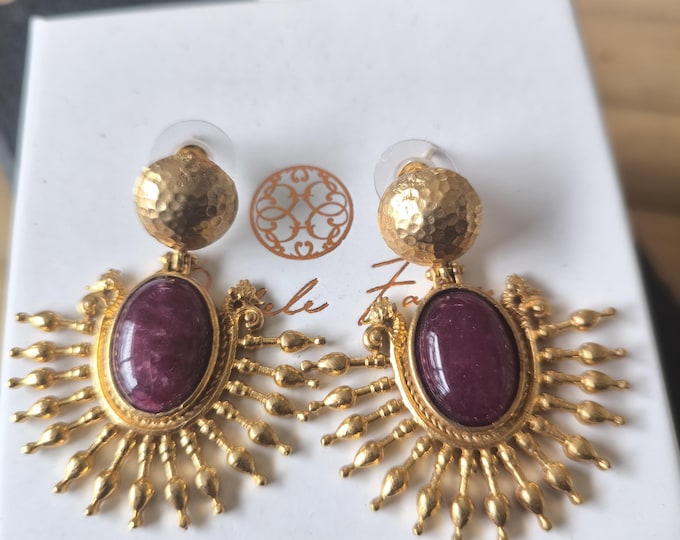 Etruscan-style gold-plated bronze earrings finished with natural Imperial red jaspers, silver hooks.