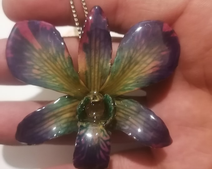 Necklace with natural pearly-colored orchid embedded in resin and finished with silver-on-bronze clasps
