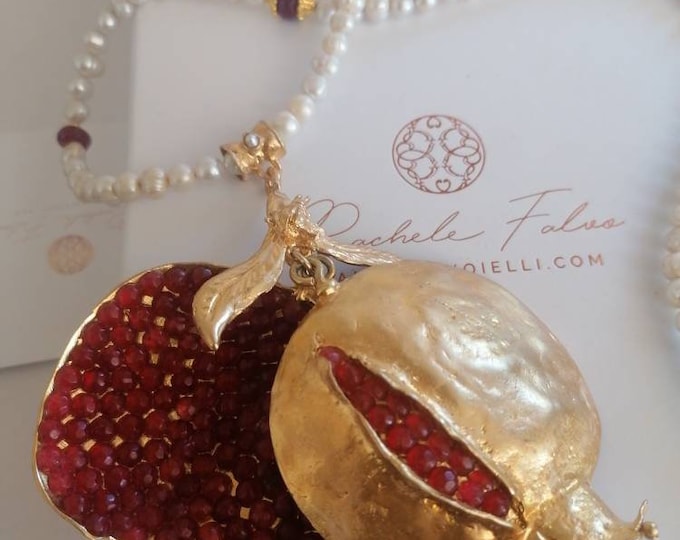 Spectacular pomegranate necklace in matte gold on bronze with red pomegranates and pearls