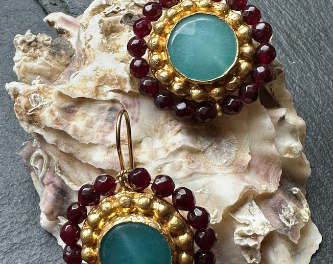 Antique-style gold earrings with a mix of natural stones