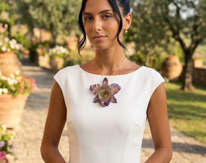 Collana e Fermacapelli 2 in 1 Orchidea Cattleya Regina Vera, Gioiello Botanico in Resina, Regalo Donna Elegante, Scatola e Garanzia
