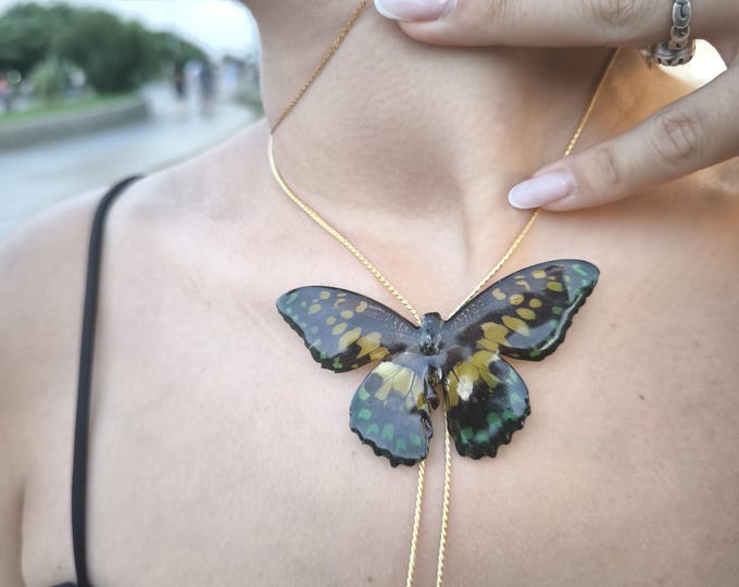 gold butterfly necklace with up and down movement