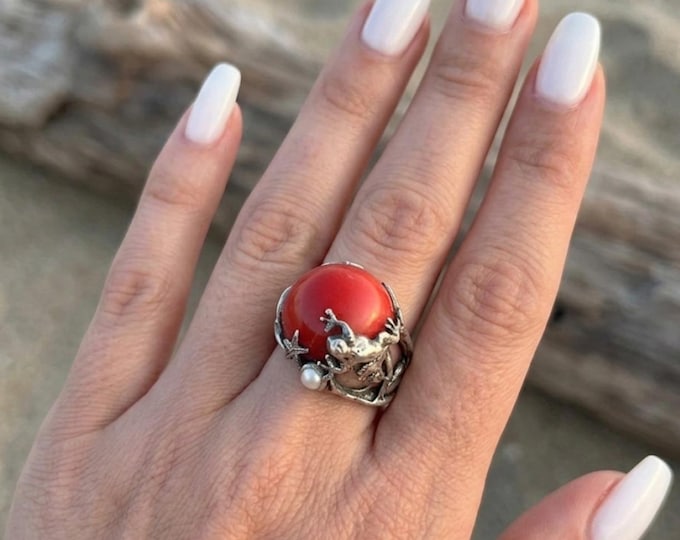 Maxi ring in red coral silver - handmade gift - artisanal jewel