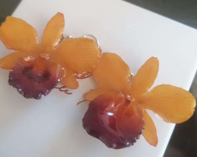 yellow orchid earrings with purple mouth