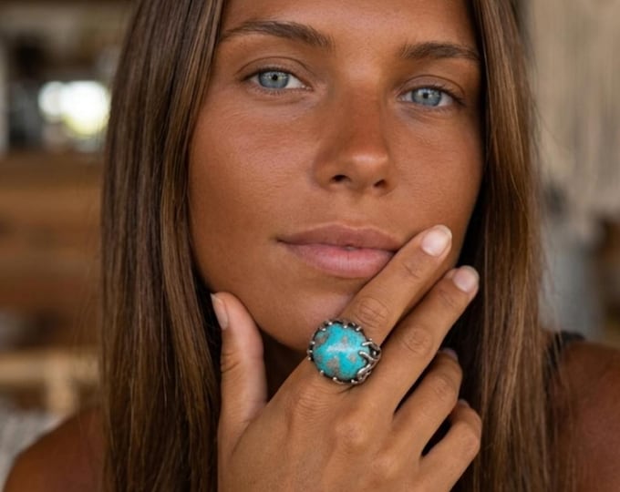 Sterling Silver Ring with Natural Turquoise - Handcrafted - Solid Ring Gift for Her