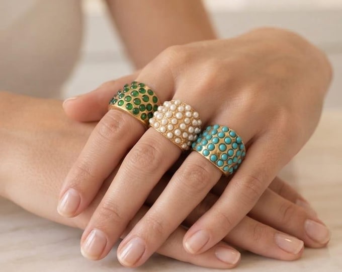 Anello Regolabile Oro Galvanizzato, Perle Bianche, Giada Verde, turchese naturale, Corallo Rosso, Gioiello Artigianale Stile Bizantino