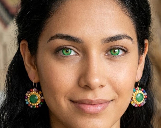 Gold on bronze earrings, mixed natural stones, antique style