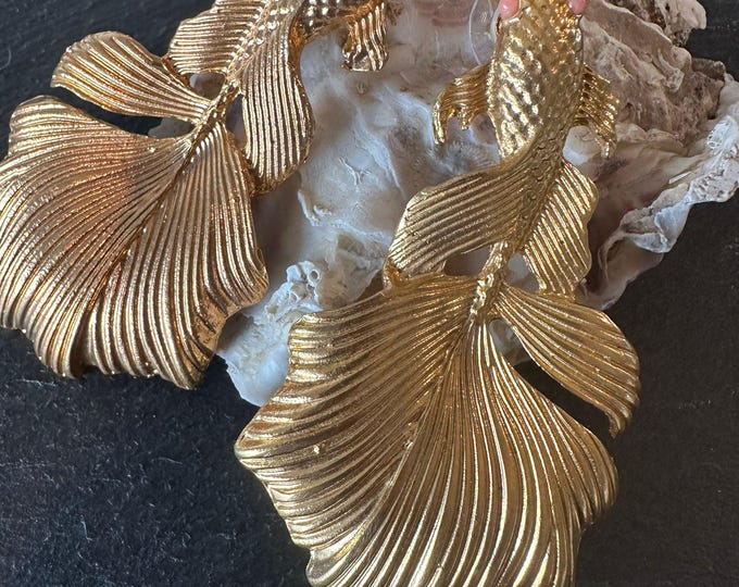 Japanese carp fish ear stud earrings in gold on bronze and pink coral stones