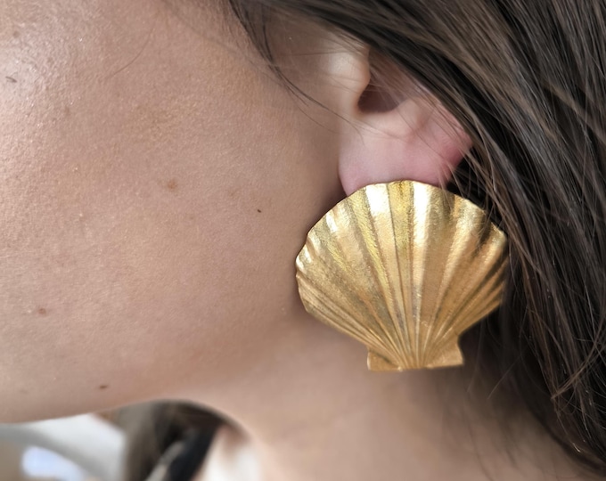 Gold-on-bronze shell earrings, marine-inspired jewelry