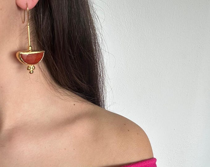Gold earrings, faceted orange jasper stones