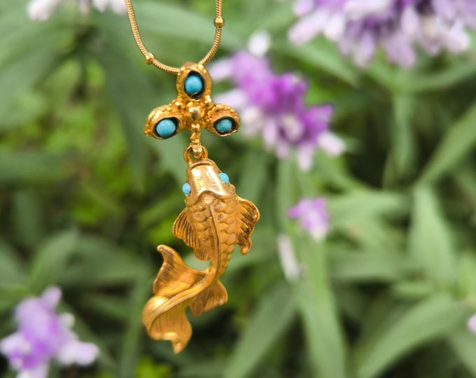 koi carp fish necklace in satin gold on bronze and natural turquoise