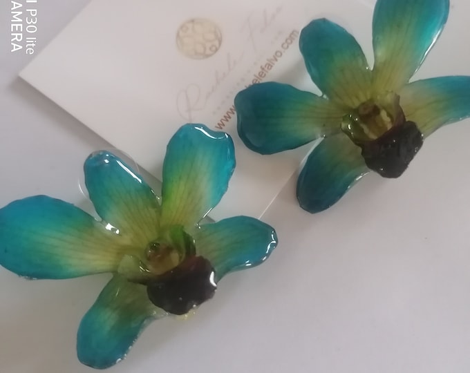 ear studs with natural orchids embedded in resin with silver hook.