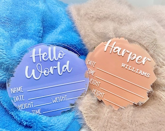 Personalised Acrylic Birth Announcement Sign | Hello World | Newborn Keepsake | Baby Name Sign | Newborn Photo Prop | New Baby Gift