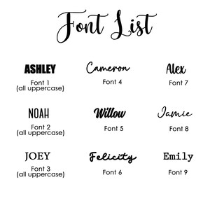 Pu&ograve; includere: Su sfondo bianco, &egrave; presentata una "Font List" in elegante scrittura. Sotto, sono mostrati vari stili di carattere con nomi come "Ashley", "Cameron" e "Alex". Ogni carattere &egrave; etichettato con un numero e una descrizione dello stile.