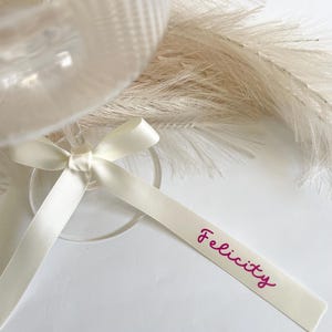 Pu&ograve; includere: Un bicchiere da vino trasparente con un nastro di raso bianco legato attorno allo stelo. Il nastro ha il nome "Felicity" stampato in magenta. Lo sfondo include elementi decorativi bianchi e soffici.