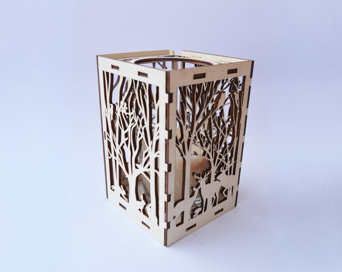 Wooden Candle holder Box With Wild Animal Life Etsy