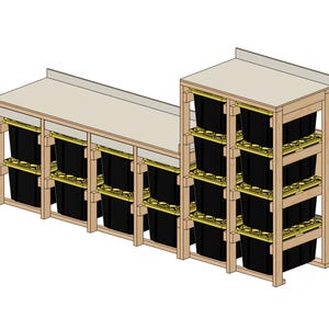 Puede incluir: Una unidad de almacenamiento de madera con múltiples contenedores negros. La unidad tiene una encimera de color claro y un diseño rectangular. Los contenedores están apilados en filas, con soportes amarillos visibles.