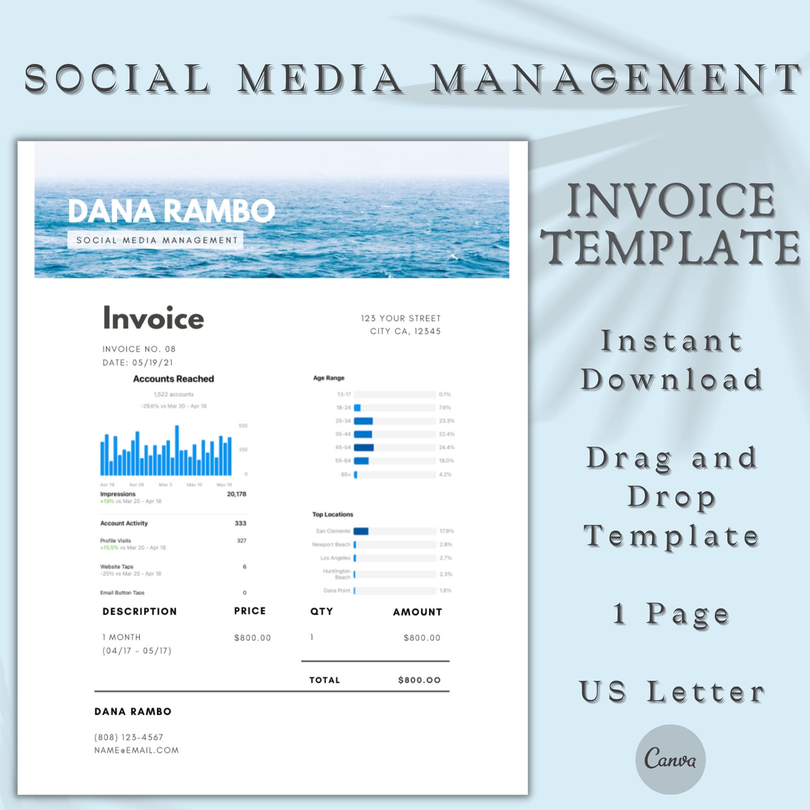 Social Media Management Invoice Template Freelance Marketing Etsy