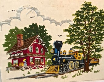 Vintage Embroidery Train Station Scene